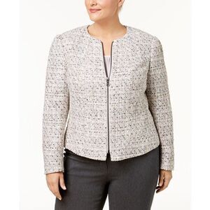 Anne Klein Women's Plus Zip-Front Collarless Tweed Blazer in Cream Size 14 NWT